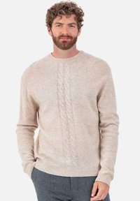 Beiger Strickpullover mit einem Zopfmuster in der Mitte, Rundhalsausschnitt sowie gerippten Bündchen und Saum. Weiche Textur und mittleres Gewicht.