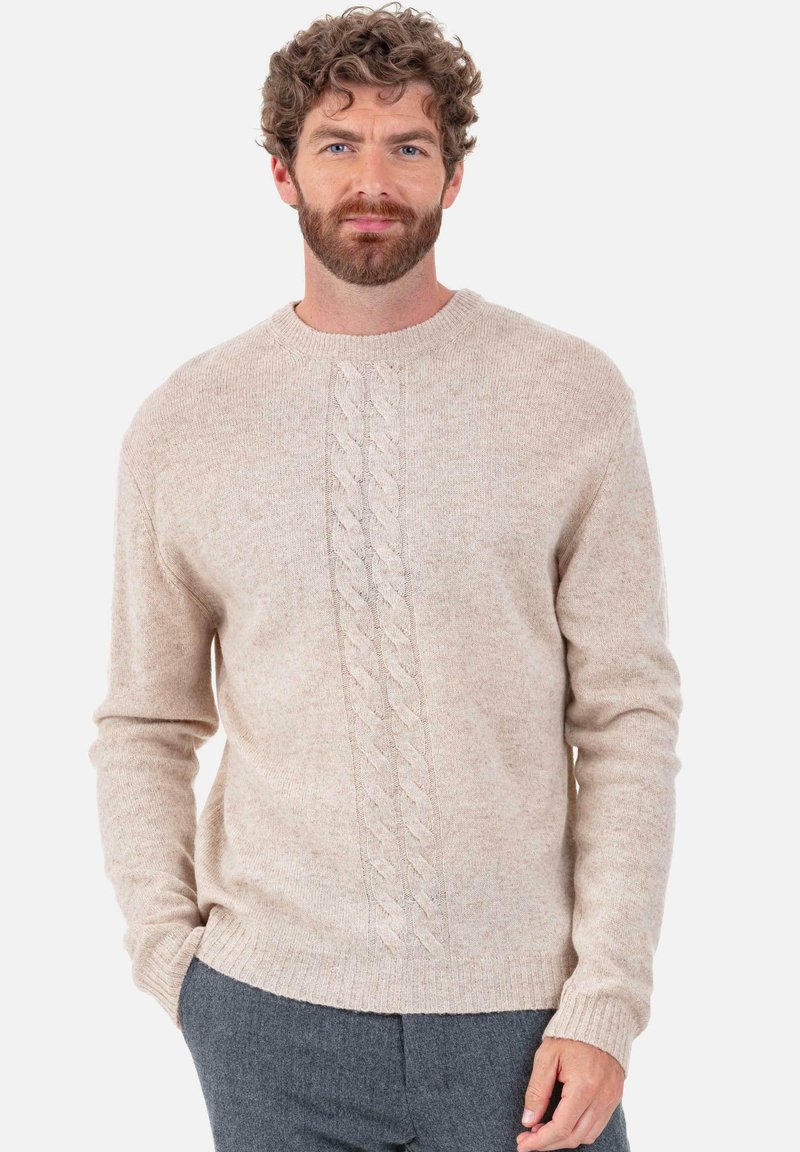 Beiger Strickpullover mit einem Zopfmuster in der Mitte, Rundhalsausschnitt sowie gerippten Bündchen und Saum. Weiche Textur und mittleres Gewicht.