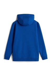 Sweat à capuche bleu à manches longues avec poignets côtelés et coupe décontractée, montré de dos sur fond blanc.