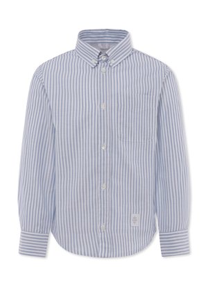 Camicia a righe in blu chiaro e bianco, maniche lunghe, taschino sul petto, orlo arrotondato, tessuto in cotone e etichetta del marchio nella parte inferiore.