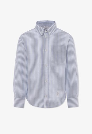 Camisa de botones a rayas en azul claro y blanco, de mangas largas, con bolsillo en el pecho, margen redondeado, de algodón y etiqueta de marca en la parte inferior.