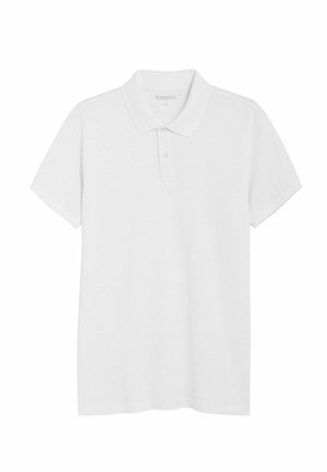 Weißes Kurzarm-Poloshirt mit Kragen und zwei Knöpfen, flach liegend vor weißem Hintergrund dargestellt.