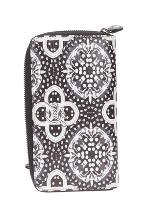 Portafoglio a righe bianco e nero con motivi floreali, caratterizzato da una superficie texturizzata e una chiusura con zip. Accentuato da un tirazip turchese.