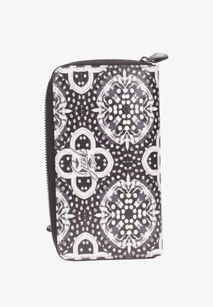 Portafoglio a righe bianco e nero con motivi floreali, caratterizzato da una superficie texturizzata e una chiusura con zip. Accentuato da un tirazip turchese.