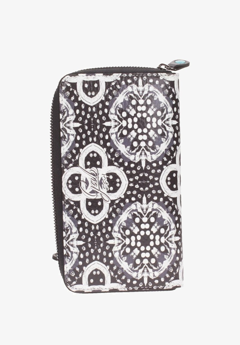 Portafoglio a righe bianco e nero con motivi floreali, caratterizzato da una superficie texturizzata e una chiusura con zip. Accentuato da un tirazip turchese.