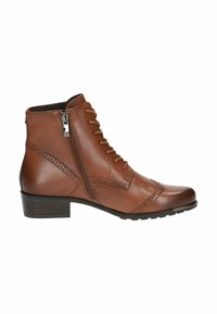 Bottine en cuir brun avec un bout arrondi, un laçage à l'avant, une fermeture éclair sur le côté et des accents texturés. Présente un petit talon épais et un design à motifs.