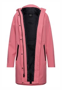 Langer rosa wasserdichter Mantel mit schwarzer Innenfütterung, Kapuze, Frontreißverschluss und zwei seitlichen Reißverschlusstaschen, offen präsentiert.