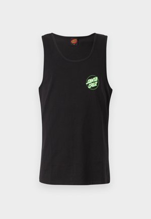 Mustimata t-särk musta värviga, millel on vasakul rinnal väike neoonroheline "Santa Cruz" logo ja punane silt kaelas.