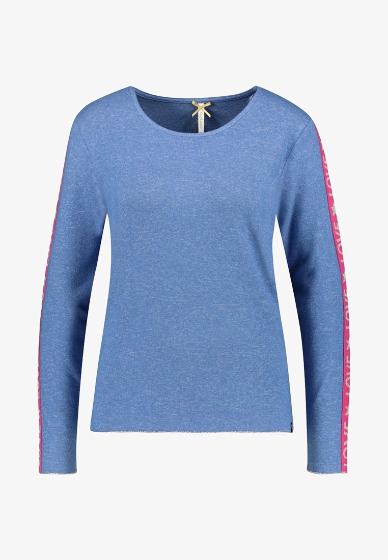 Blue long-sleeve shirt with a round neck, featuring pink "LOVE" text along the sleeves and a slightly textured fabric.