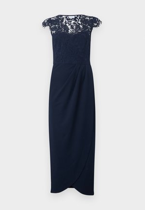 Marineblaues, ärmelloses Midikleid mit Spitzenoberteil, Herzausschnitt und Wickelrock mit dezenten Falten.