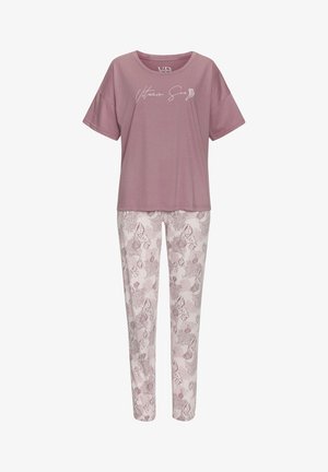 Pink short-sleeve top with "Vitamins Sea" text paired with light pink pants featuring a seashell pattern in a darker pink. Cotton blend fabric.