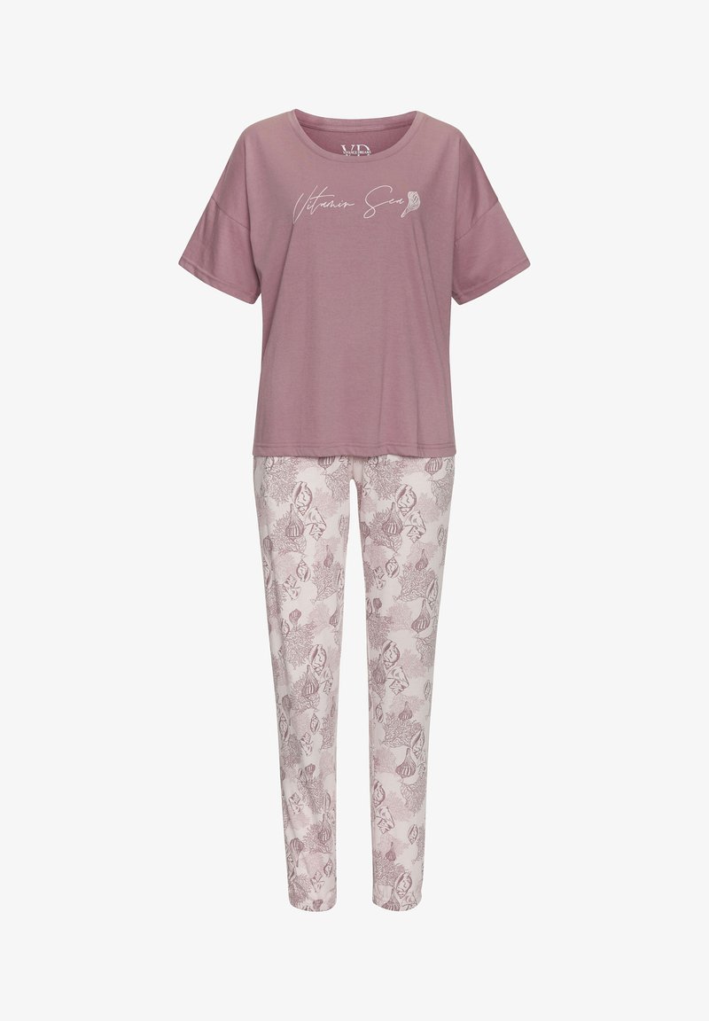 Pink short-sleeve top with "Vitamins Sea" text paired with light pink pants featuring a seashell pattern in a darker pink. Cotton blend fabric.
