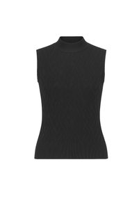 Maglione senza maniche nero a girocollo con texture a coste e un sottile motivo a rombi, dotato di un colletto alto e una silhouette aderente.