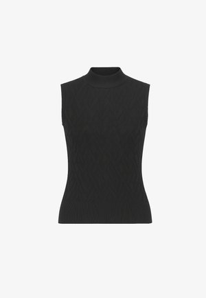 Maglione senza maniche nero a girocollo con texture a coste e un sottile motivo a rombi, dotato di un colletto alto e una silhouette aderente.
