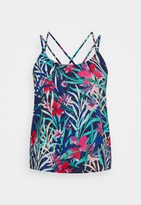 Haut sans manches avec bretelles croisées, présentant un motif floral coloré avec des feuilles rouges, violettes et vertes sur un fond bleu foncé.