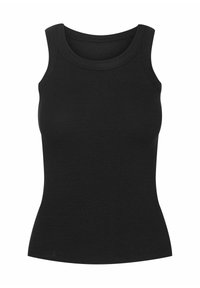 Black ribbed tank top with a round neckline and sleeveless design. Made from a stretchy, fitted material. Smooth texture with solid color.