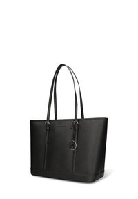 Zwarte handtas van kunstleer met twee lange handvatten, een platte bodem, zilverkleurige hardware, geprofileerd logo en een afneembare ronde charm.