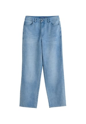 Svetlo modre kavbojke z ravnimi hlapci iz jeansa. Imajo sprednje žepe, zapenjanje na gumb in svetle prakse po celotnem materialu.