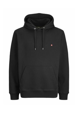 Crna dukserica s teksturiranim materijalom, koja ima prednji džep, vezice i mali ružičasti točkasti logo na lijevoj strani prsnog područja.