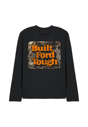 Black long-sleeve shirt with a camouflage rectangle on the chest featuring orange text reading "Built Ford Tough."