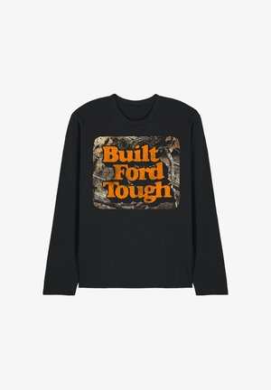Black long-sleeve shirt with a camouflage rectangle on the chest featuring orange text reading "Built Ford Tough."