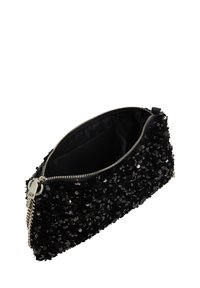 Fekete flitteres clutch táska cipzárral. A külső részének texturált, csillogó felülete van, belül pedig fekete anyaggal van bélelve.