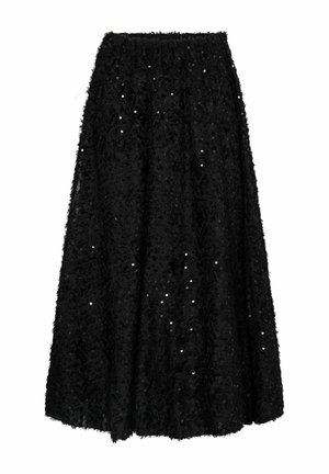 Jupe en sequins noirs avec un design évasé et une taille élastique, présentant un tissu texturé et superposé avec des embellissements brillants sur toute la surface.