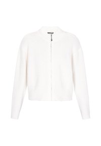 Witte gebreide cardigan met rits, lange mouwen en geribbelde boorden, onderkant en kraag, weergegeven tegen een effen achtergrond.
