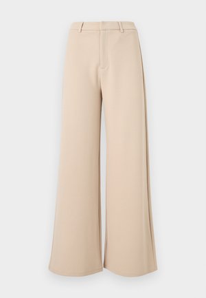 Beige vide bukser med høyt liv, beltehemper og skjult frontåpning på hvit bakgrunn.