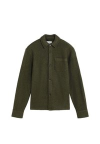 Chaqueta de lana de botón en verde oscuro con cuello, mangas largas y un bolsillo en el pecho del lado izquierdo.