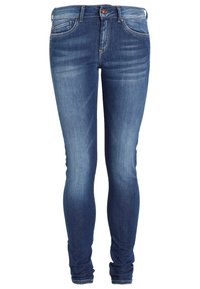 Jeans ajustados de denim azul, con un lavado descolorido, diseño de cinco bolsillos y cierre de botón. Sin adornos ni patrones visibles.