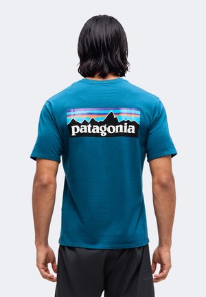 Mand med skulderlangt sort hår iført en blå Patagonia t-shirt med bjerglogo og sorte shorts, set bagfra.
