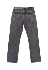 Jeans in denim nero con taglio dritto, dotati di due tasche posteriori, cuciture visibili e una trama sbiadita.