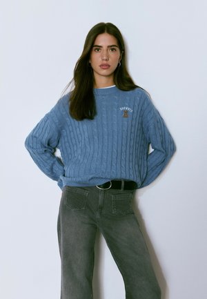 Mujer con cabello largo y oscuro vistiendo un suéter azul de punto con un pequeño emblema de perro y jeans grises de tiro alto, de pie con las manos en las caderas.