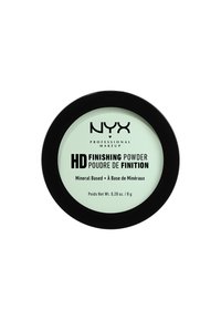 NYX HD Finishing Powder in een ronde compact met zwarte rand, mintkleurige poederbasis, met het logo van het merk en productdetails in zwarte tekst.