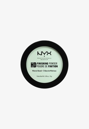 Polvere Fissante HD NYX in un compatto rotondo con bordo nero, base in polvere di colore menta, presenta il logo del marchio e i dettagli del prodotto in testo nero.