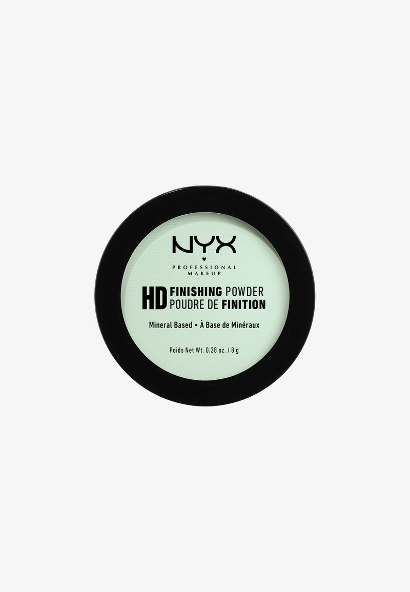 NYX HD Finishing Powder in een ronde compact met zwarte rand, mintkleurige poederbasis, met het logo van het merk en productdetails in zwarte tekst.