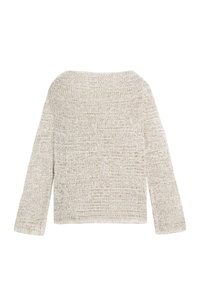 Pull beige en maille à manches longues avec un tissu lâche et une coupe simple et droite, montré de dos sur fond blanc.