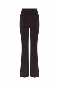 Mustad kõrge vöökohaga läbilõikega jooga-püksid, millel on nähtavad õmblused ja vöökoha keskosas trükitud sõna "GIRLFRIEND".