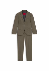 Khaki men's suit featuring a tailored blazer with two buttons and matching trousers. Made of smooth fabric, includes a red branded inner label.