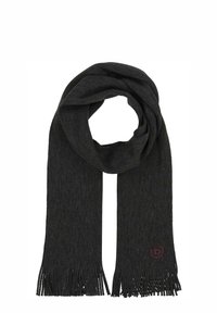 Tamsiai pilka megzta skara su kutais gale, su subtiliu raštu ir mažais logotipu kampelyje.