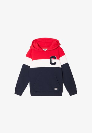Sudadera con capucha en rojo, blanco y azul marino, con un bolsillo frontal y un logo bordado de "C". Fabricada con una tela suave y puños acanalados.