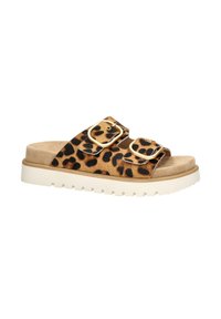Leopardprint slipper sandalen met twee verstelbare gespen, een tan suède voetholte en een witte textuurzool voor betere grip.