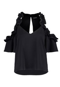 Top nero con spalle scoperte, scollatura a V e maniche a volant. Realizzato in tessuto leggero, presenta un'apertura a chiave sul retro e una vestibilità rilassata.