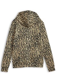 Sudadera con capucha en beige y estampado animal en negro, que presenta mangas largas, un bolsillo frontal y una textura suave.
