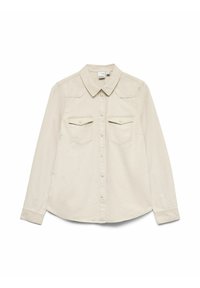 Jasnobeżowa koszula z długim rękawem, ze sztywnym kołnierzem, dwoma kieszeniami na piersi oraz zapinana na guziki z przodu. Wykonana z miękkiej, teksturowanej bawełny.