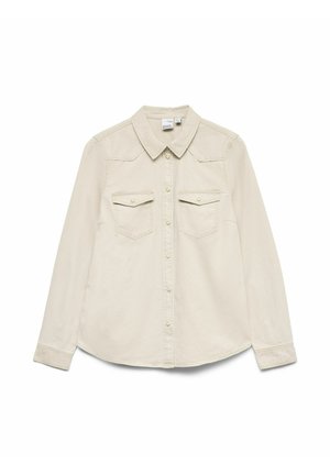 Lys beige langermet skjorte med strukturert krage, to brystlommer og knapper foran. Laget av mykt, teksturert bomullsstoff.