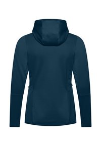 Marineblauwe langemouwige hoodie-jacket van een gestructureerde stof, met een aansluitend ontwerp en zijzakken, zicht toont de achterkant zonder zichtbare logo's.