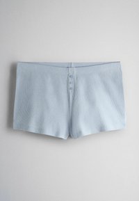 Light blue ribbed fabric shorts with three small buttons centered at the front waistband, displayed flat on a plain background.