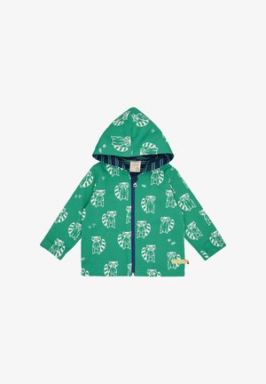 Groene hoodie met witte wasbeerprint, ritssluiting, lange mouwen en een gevoerde binnenkant met horizontale strepen.